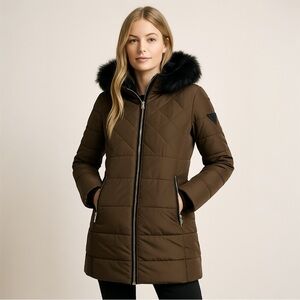 ZARA Brown Quilted Puffer Parka Winter Coat Faux Fur Hood | Size Small